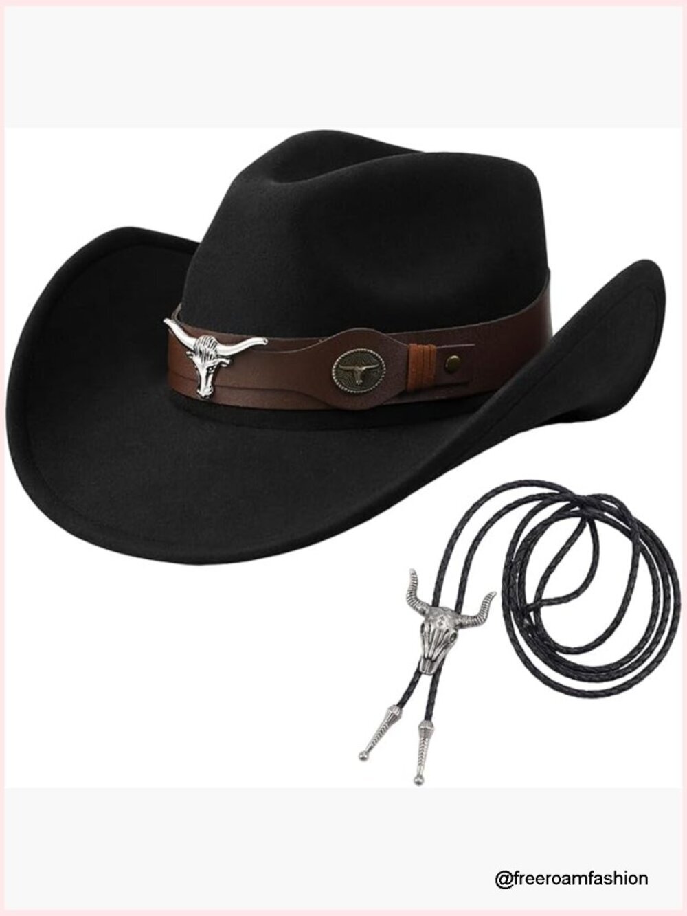Western Cowboy Hat with Bolo Tie Felt Shapeable Wide Brim Unisex